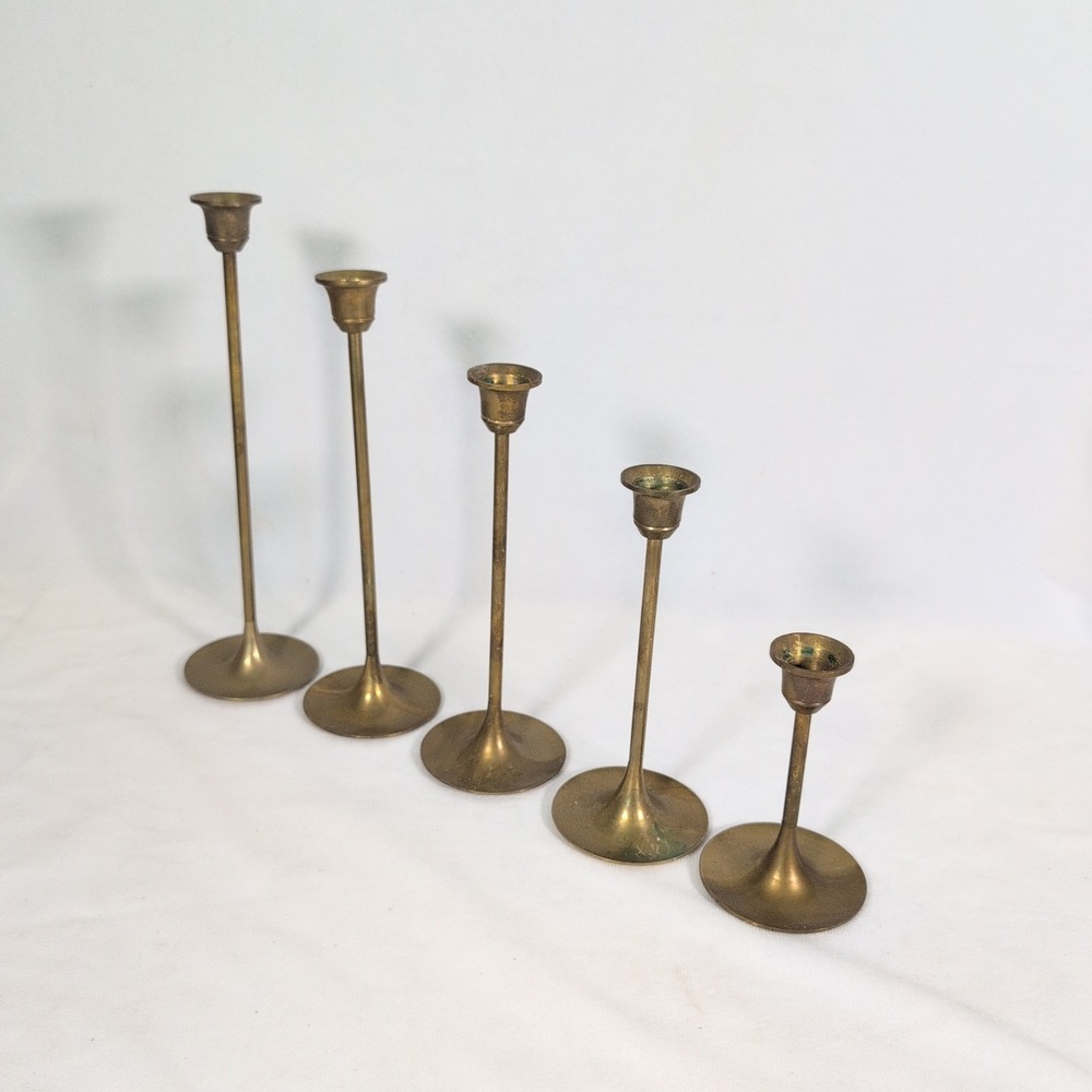 Set of 5 Vintage Brass Candle Holders Graduated Tapered Candlesticks 4"-9" MCM